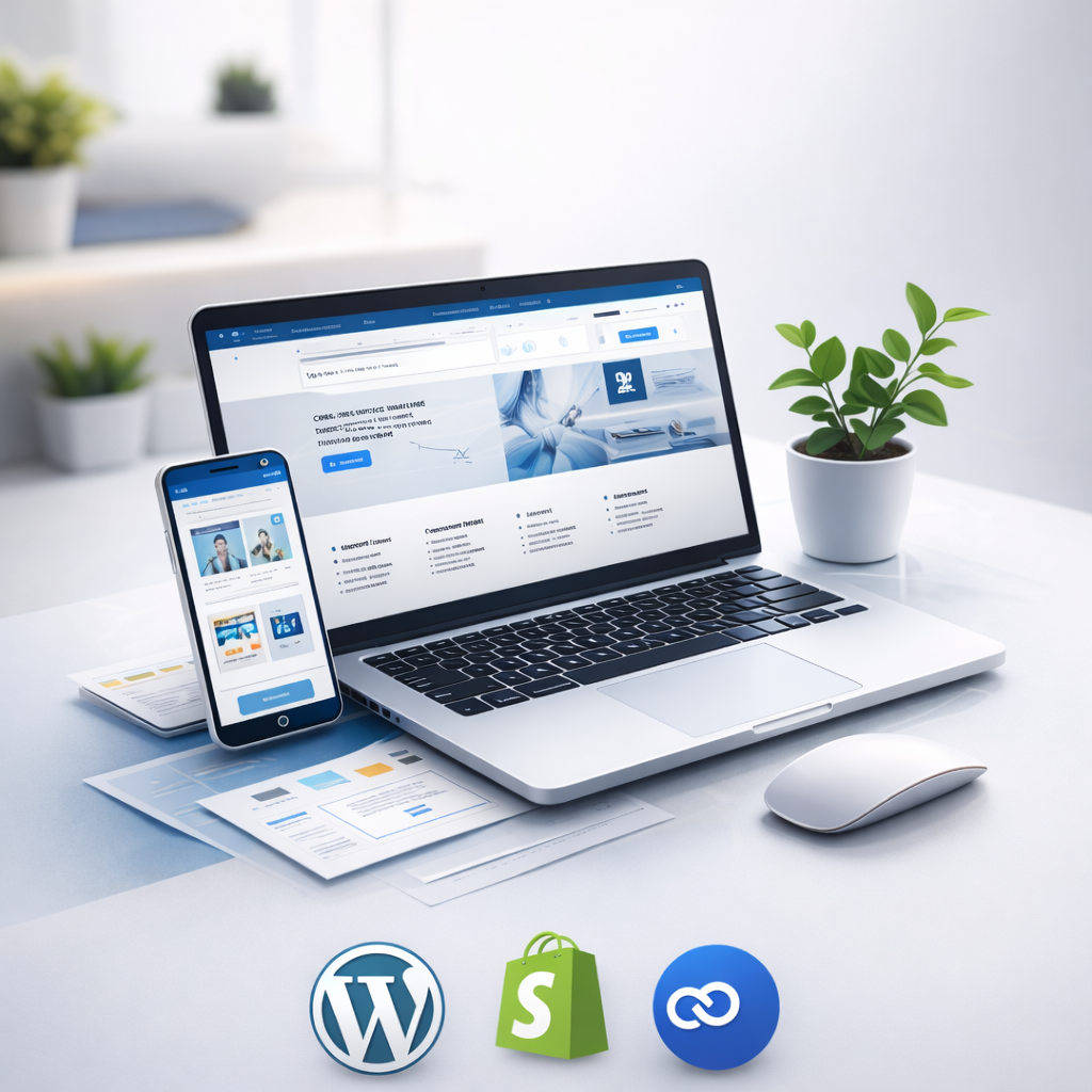 Laptop y celular mostrando diseño de página web profesional y tienda online en entorno de trabajo moderno.