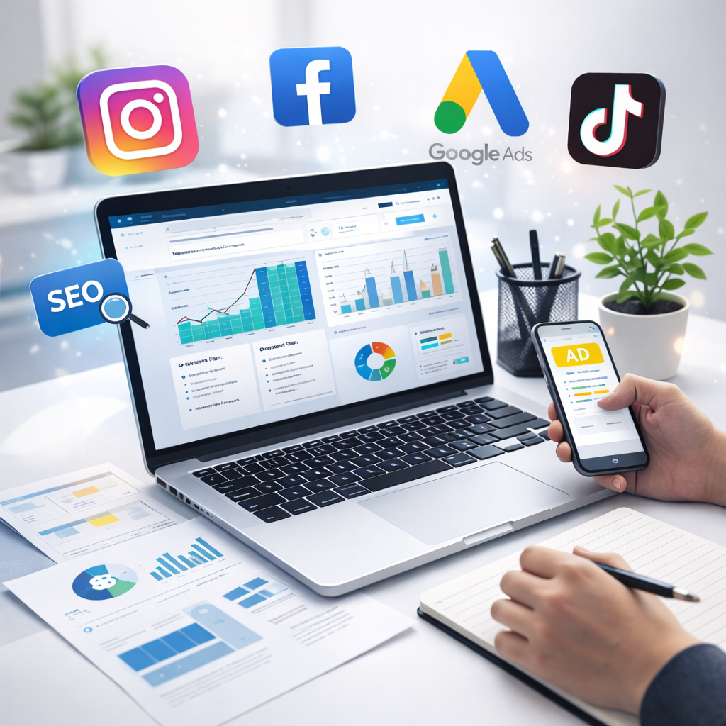 Panel de estadísticas de marketing digital con gráficos de crecimiento y publicidad en redes sociales y Google Ads.