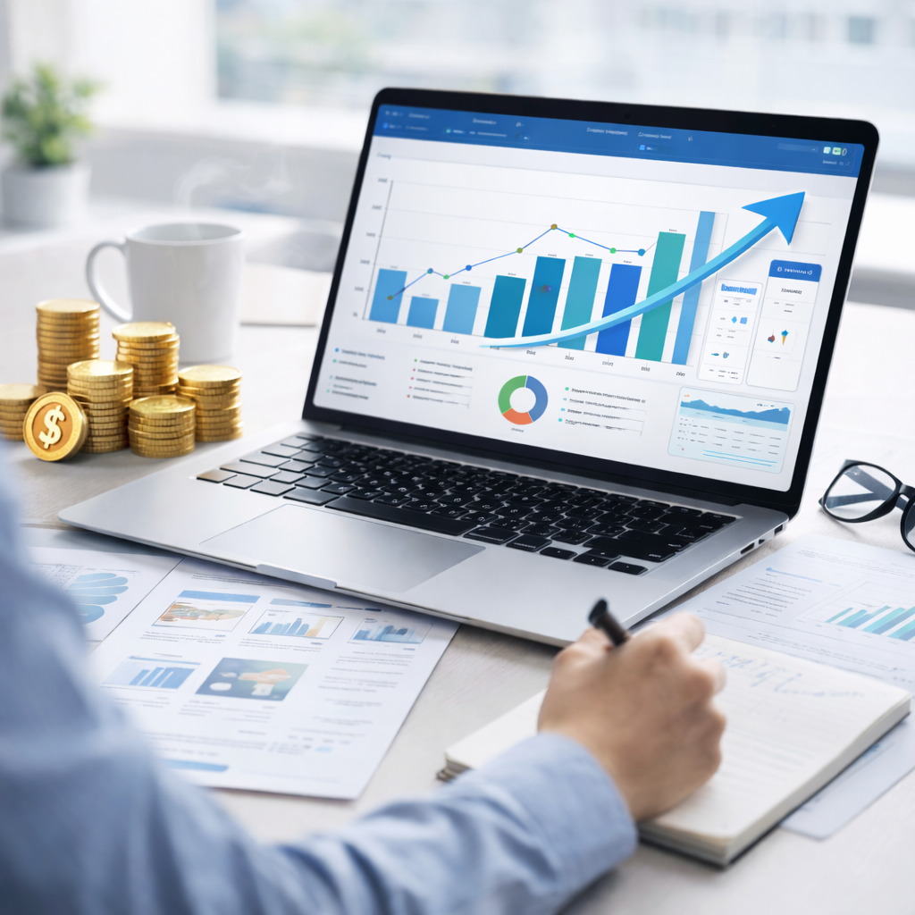 Ilustración de análisis de ingresos digitales con gráfico de crecimiento y estrategia de monetización online.
