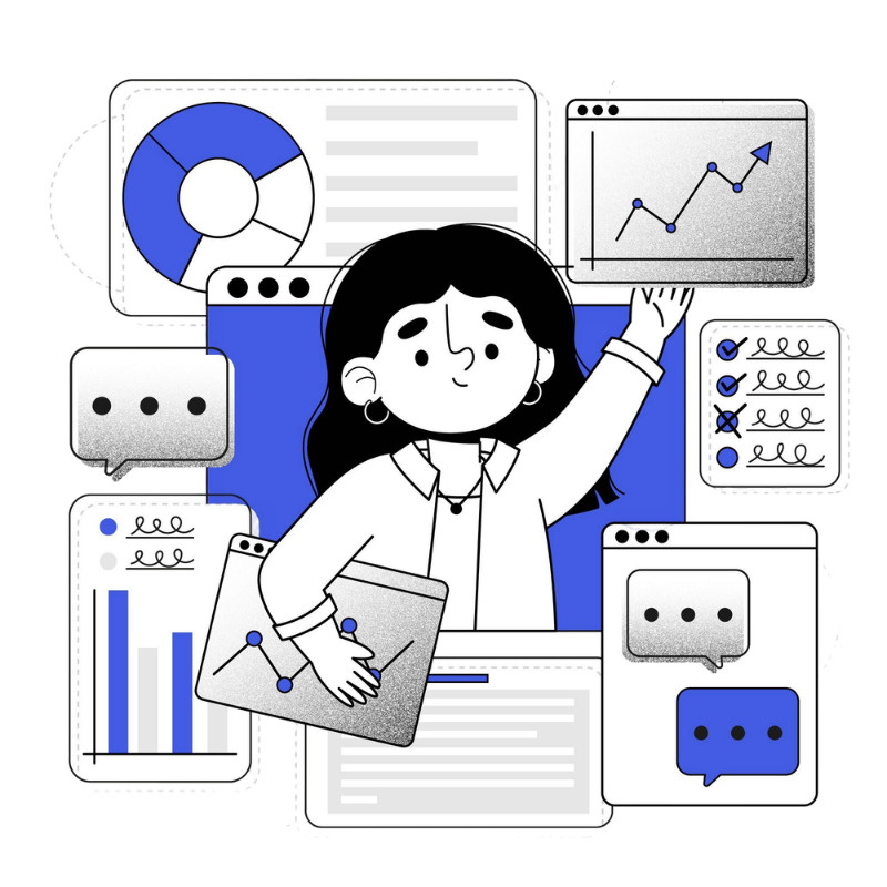 Ilustración de marketing digital con gráficos, SEO y publicidad online