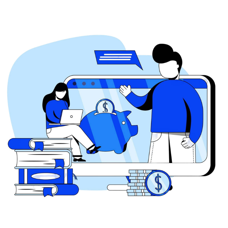 Ilustración de monetización e ingresos digitales con productos y estrategias online