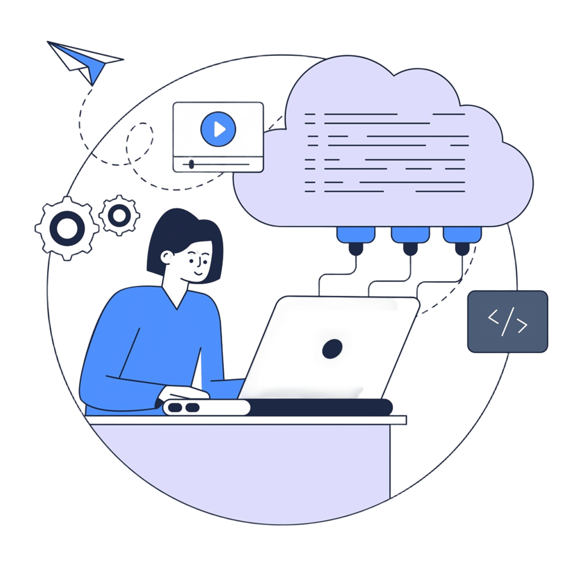 Ilustración que explica qué es un hosting y cómo funciona una página web alojada en un servidor o en la nube.