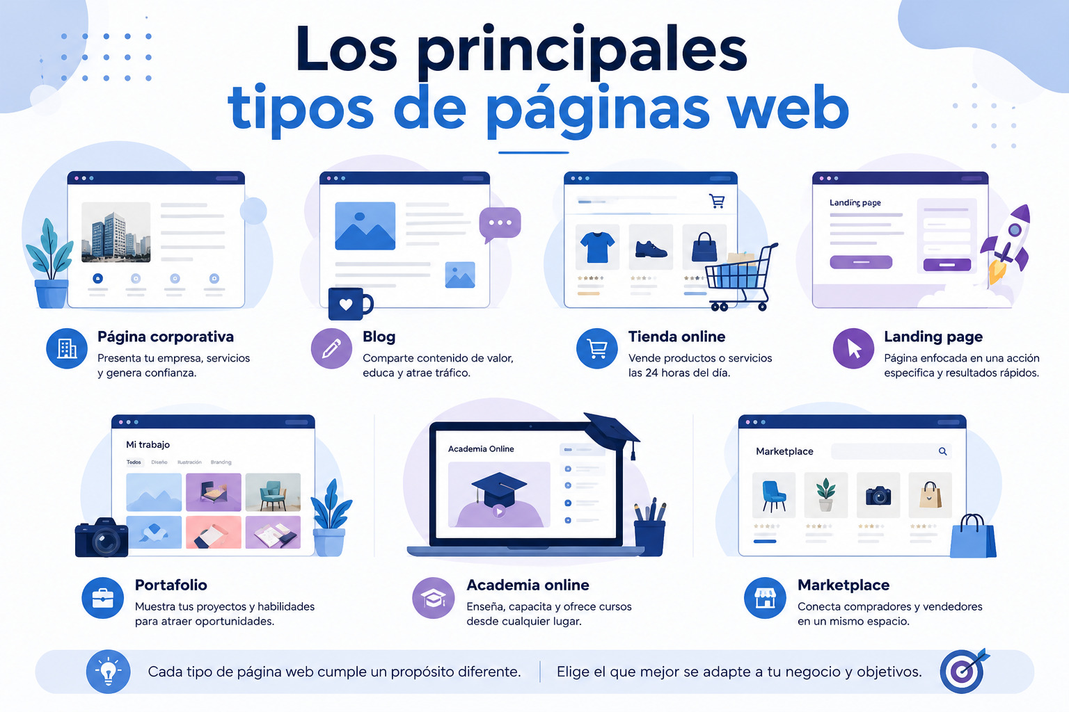 Infografía que muestra los principales tipos de páginas web, como páginas corporativas, blogs, tiendas online, landing pages, portafolios, academias online y marketplaces.