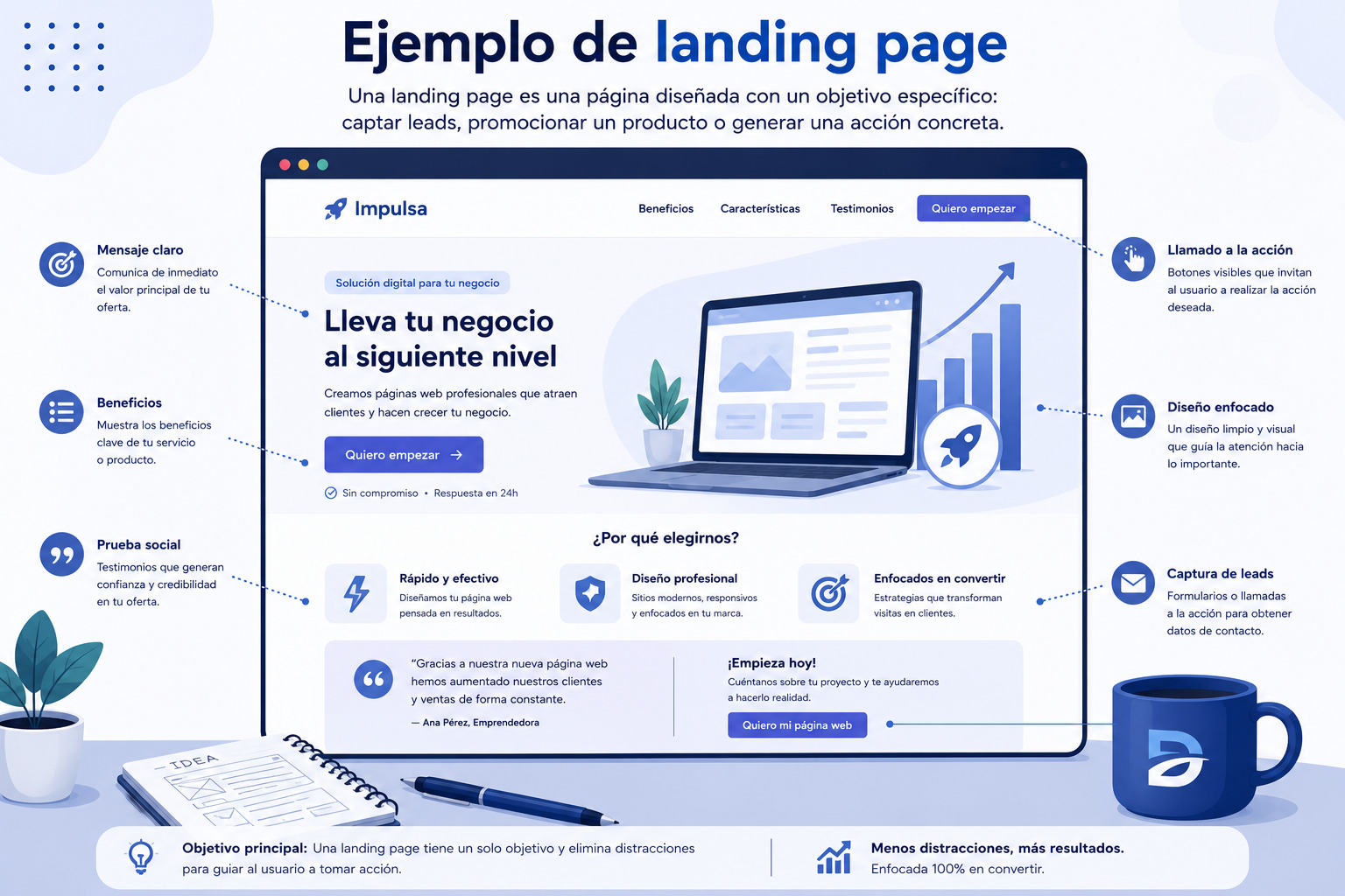 Ilustración de una Landing Page con un título llamativo, formulario de contacto, beneficios y botón de llamada a la acción (CTA).