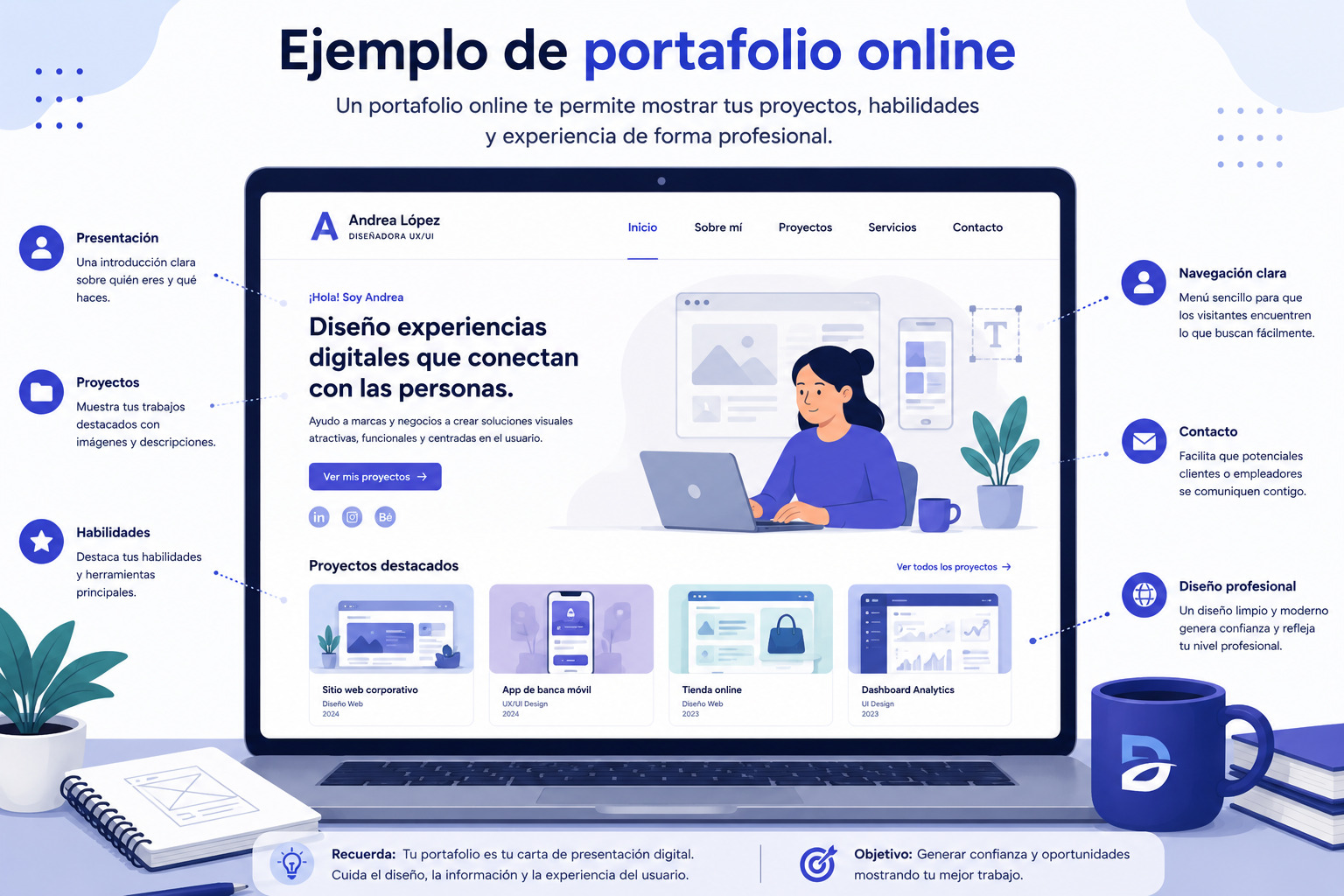 Ilustración de un portafolio online con proyectos destacados, galería de trabajos, casos de éxito y formulario de contacto.