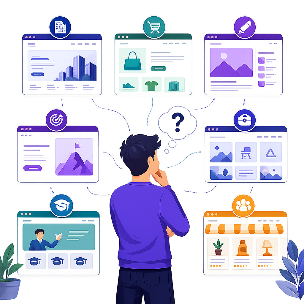 Ilustración que muestra los principales tipos de páginas web para ayudar a elegir la mejor opción según las necesidades de un negocio o proyecto.